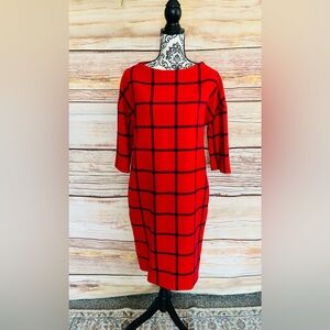 Brend Women’s Red Black Plaid Boatneck Half Sleeve Midi Dress Size 10 US / 42 EU